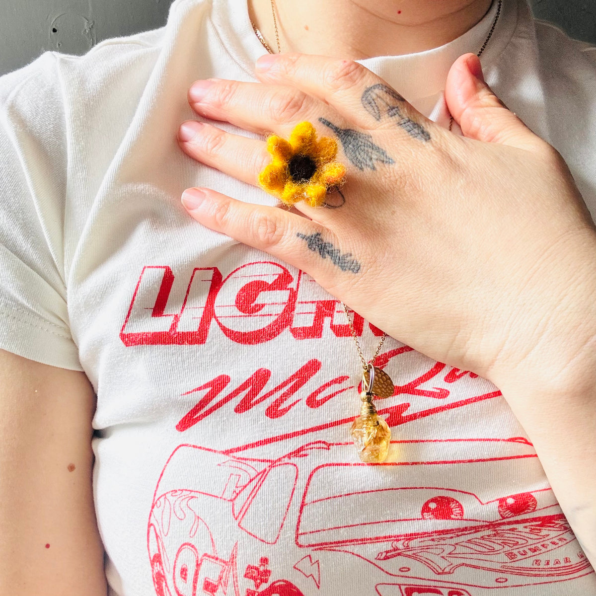 Felted Sunflower Essential Oil Ring – Adjustable & Handmade