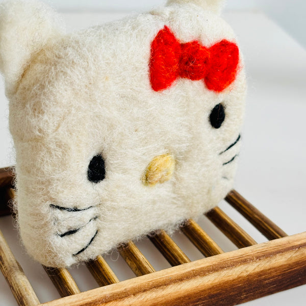 Kawaii Felted Pink Bow Cat Soap – 3oz Organic Bar with Essential Oils