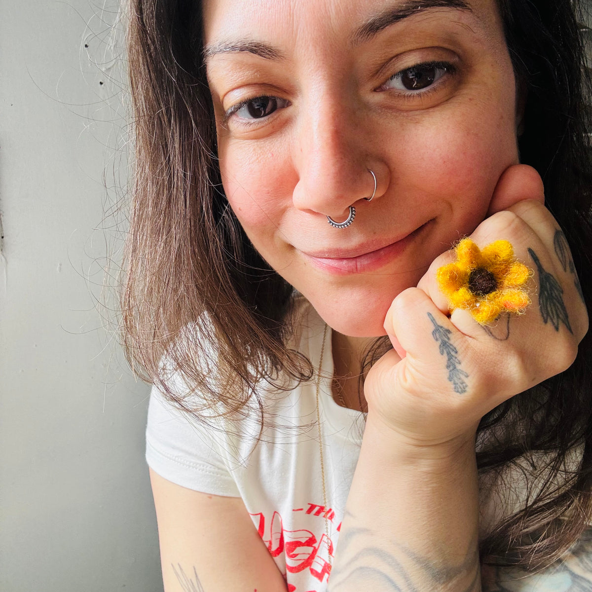 Felted Sunflower Essential Oil Ring – Adjustable & Handmade