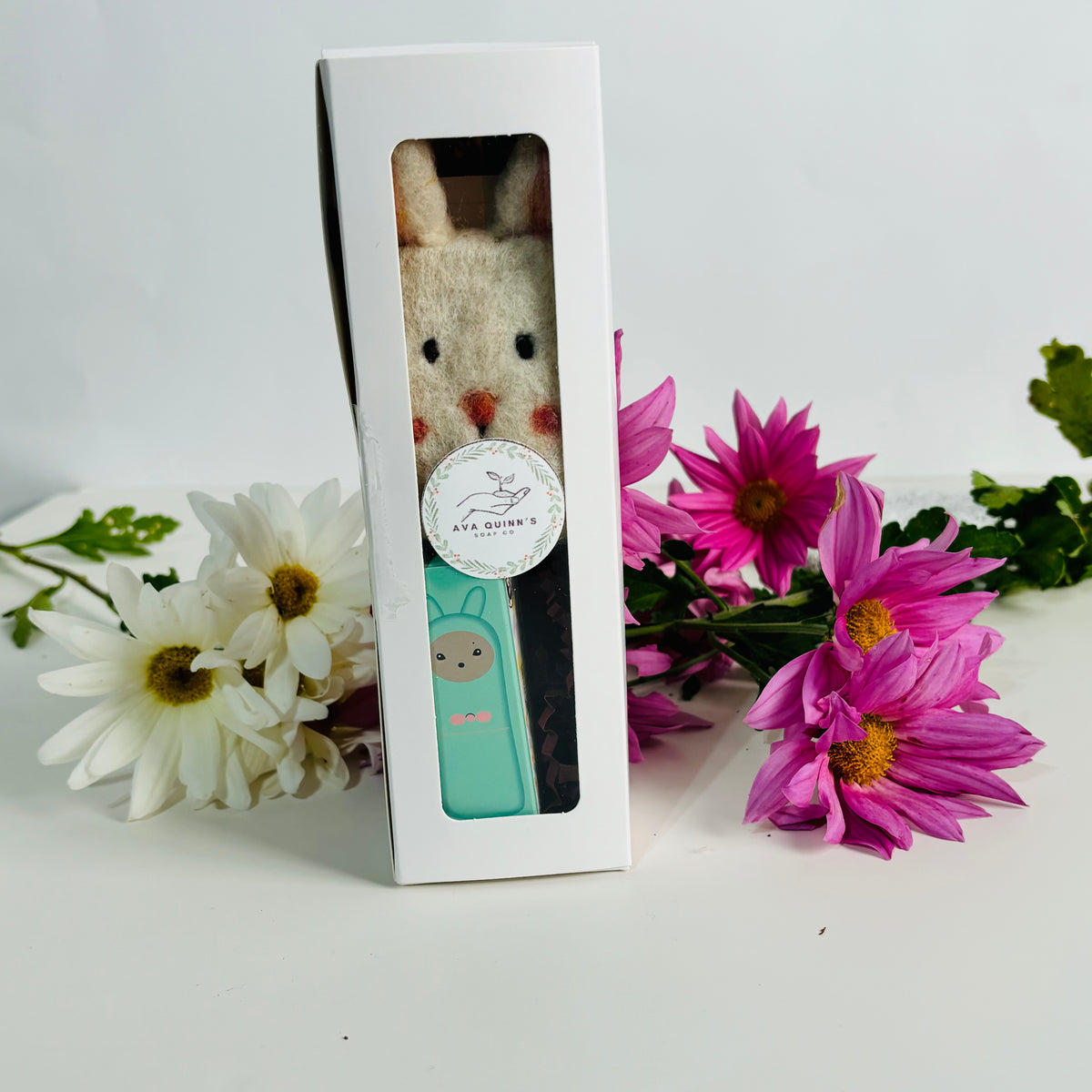 Bunny Gift Set – Mini Felted Soap & Natural Lip Balm with Affirmation | Handmade Self-Care Gifts
