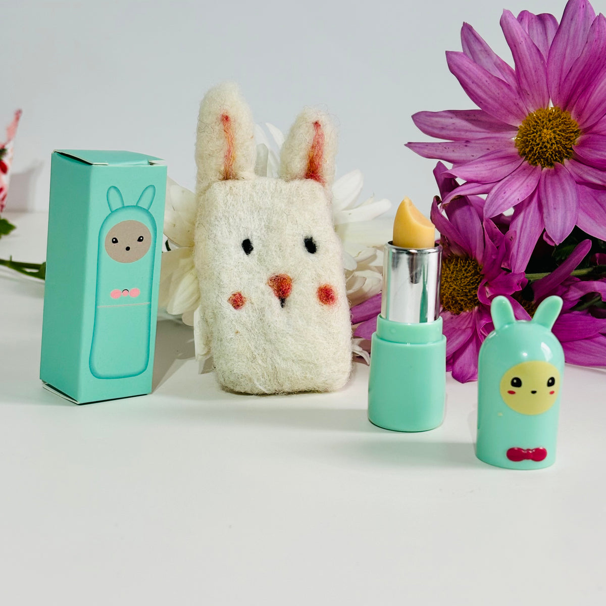 Bunny Gift Set – Mini Felted Soap & Natural Lip Balm with Affirmation | Handmade Self-Care Gifts