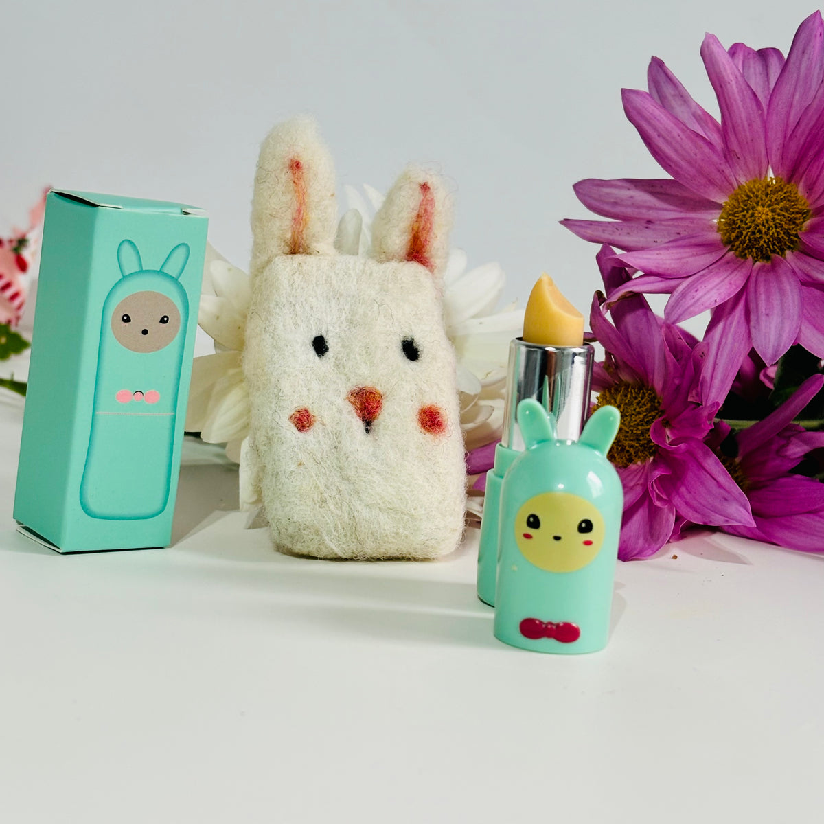 Bunny Gift Set – Mini Felted Soap & Natural Lip Balm with Affirmation | Handmade Self-Care Gifts