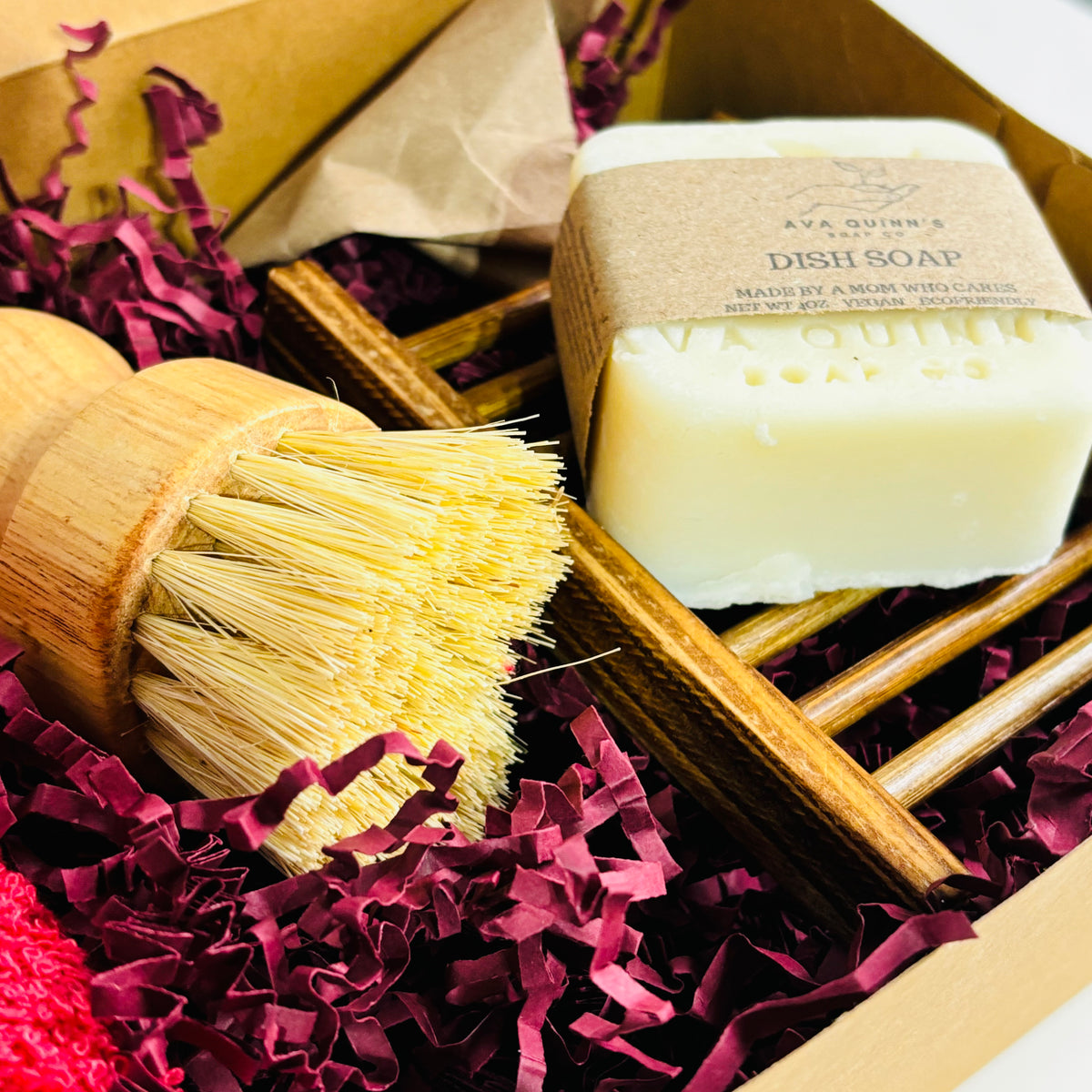 Kitchen Gift Set – Solid Dish Soap Bar, Brush, Towel & Soap Dish | Eco-Friendly Zero Waste Set