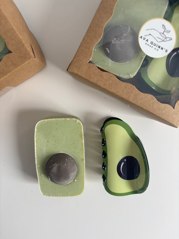 Avocado Shampoo Bar Set – Vegan Solid Shampoo Shaped Like an Avocado + Avo-caDO Hair Clip