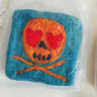 Skull Felted Soap – Heart-Eyed Wool Soap Saver with Handmade Soap
