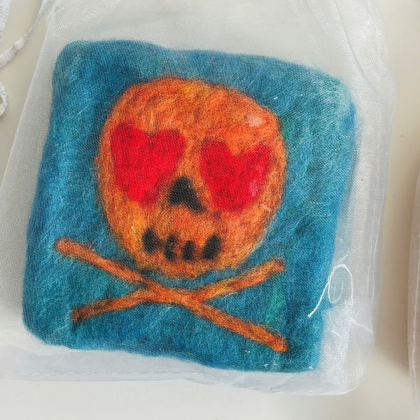 Skull Felted Soap – Heart-Eyed Wool Soap Saver with Handmade Soap