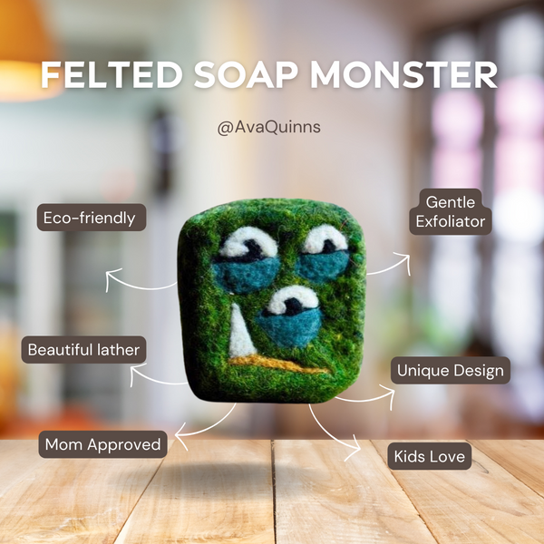 Adorable felted soap monster in vibrant colors, perfect for kids' bath time routines."